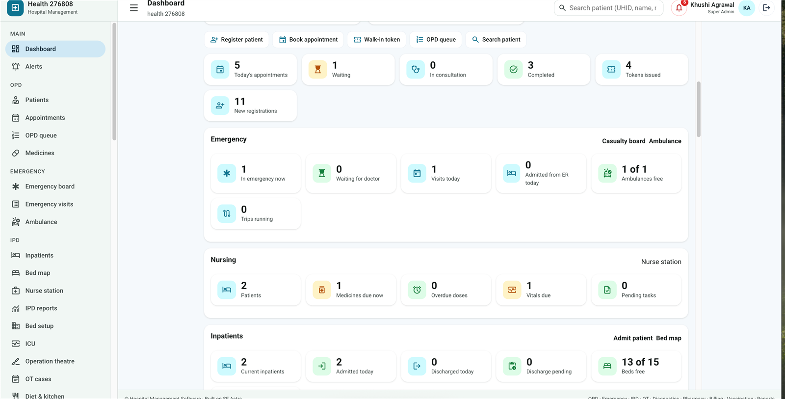 Hospital operations dashboard with OPD, emergency, nursing and IPD counts