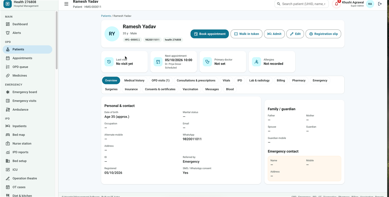 Patient profile with UHID, appointments, medical history tabs and emergency contact