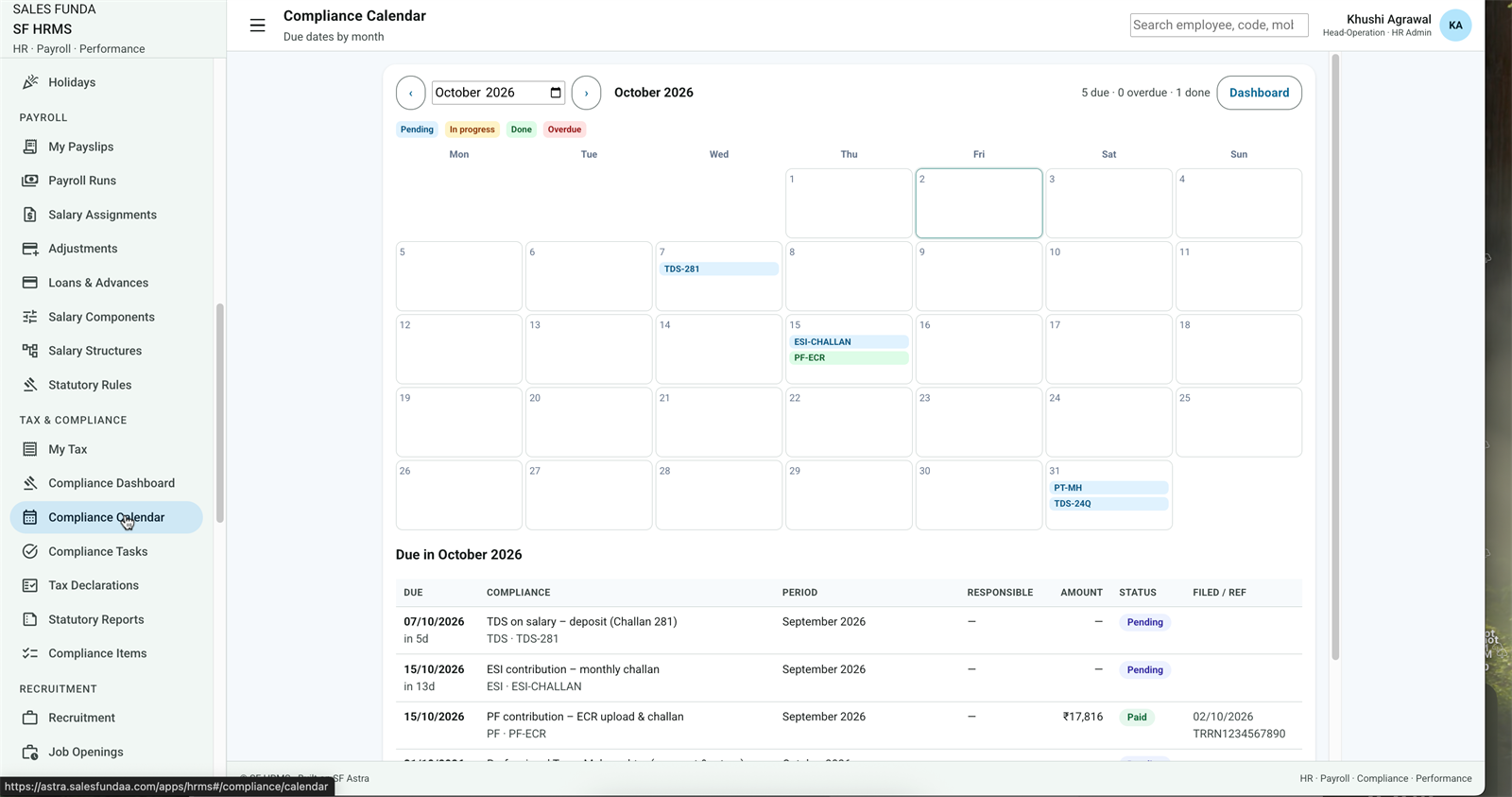 SF HRMS Compliance Calendar with TDS, ESI, PF and PT due dates