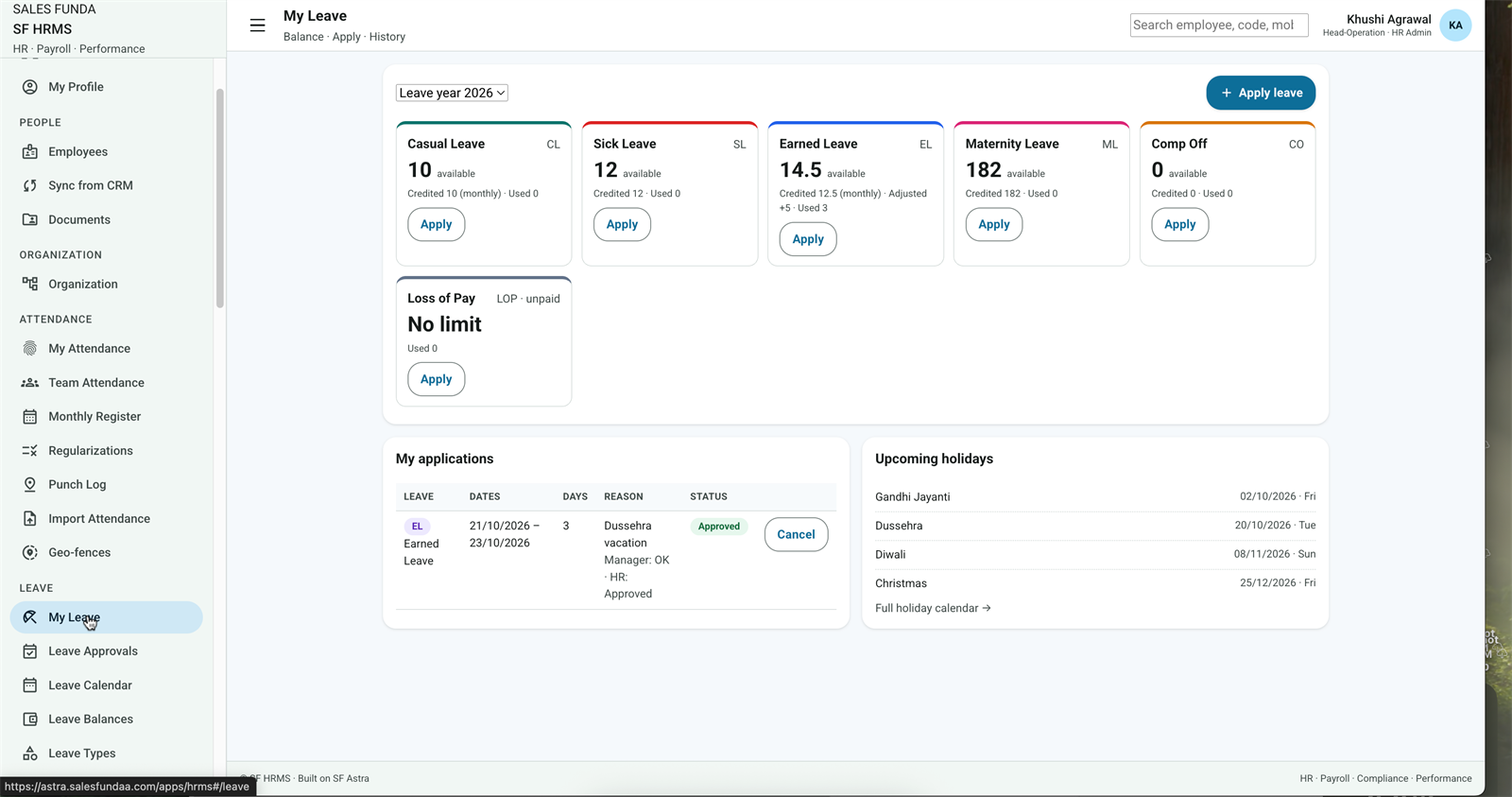 SF HRMS My Leave balances and approved applications