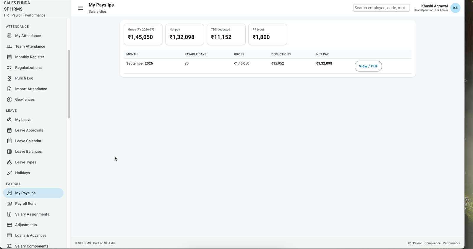 SF HRMS My Payslips with gross, net pay, TDS and PF summary