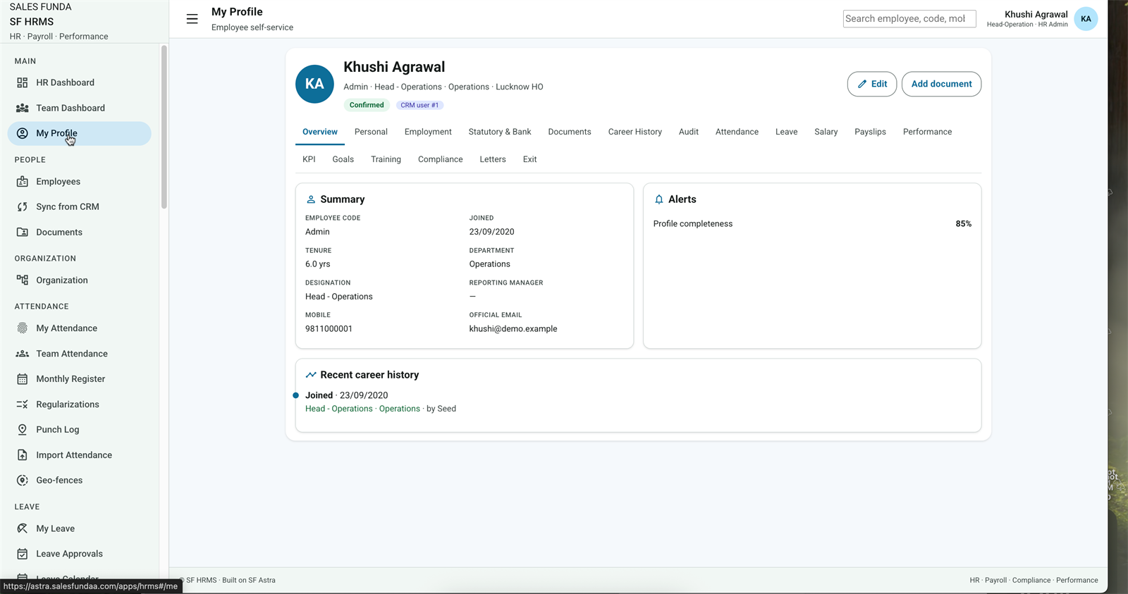 SF HRMS My Profile employee self-service with completeness and career history