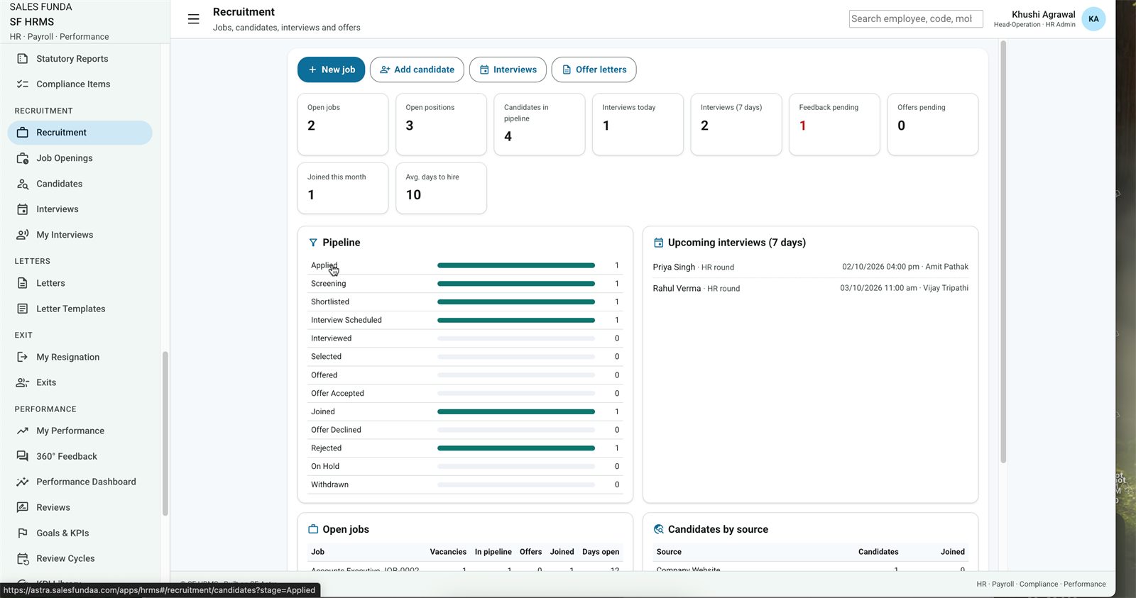 SF HRMS Recruitment dashboard with pipeline and interviews