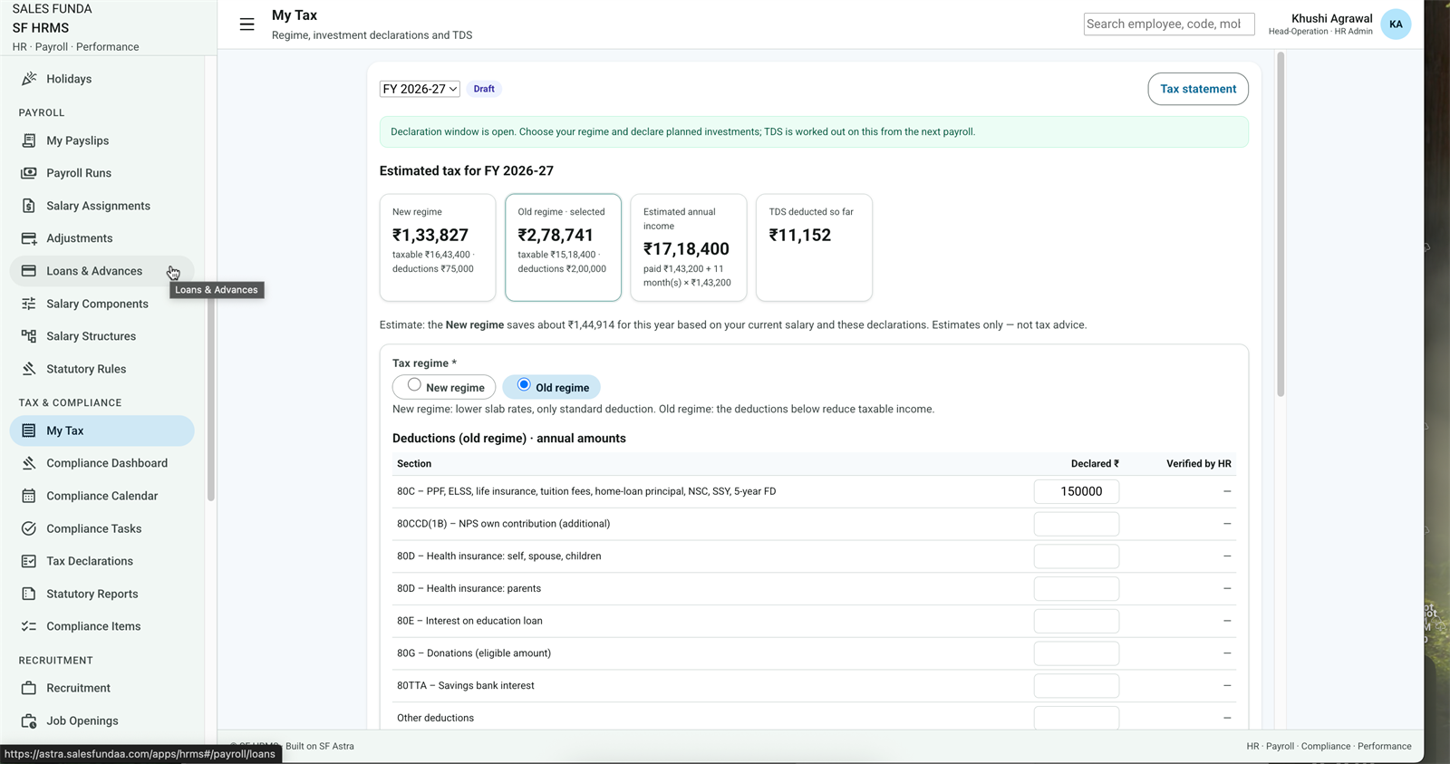 SF HRMS My Tax new vs old regime and 80C declarations