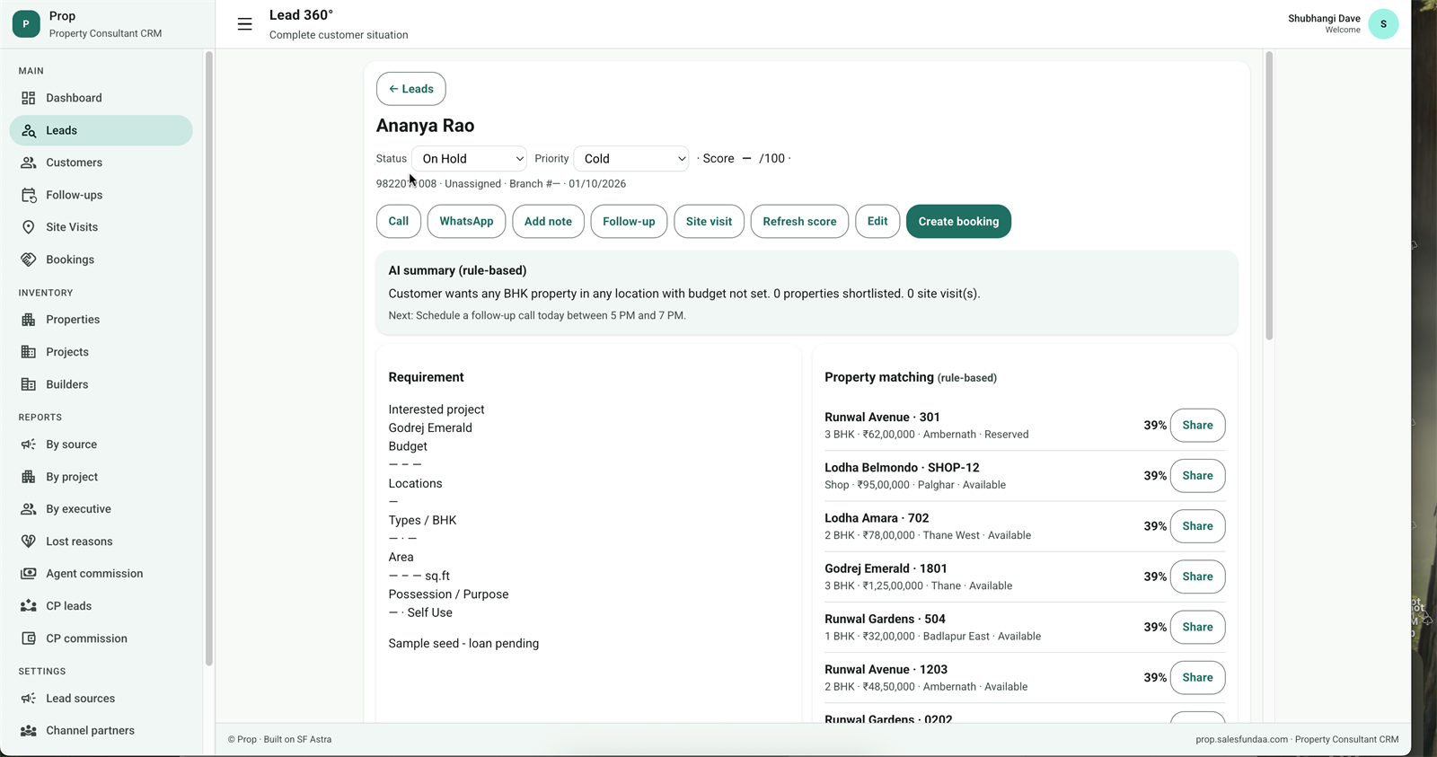 Prop CRM Lead 360 with AI summary and property matching