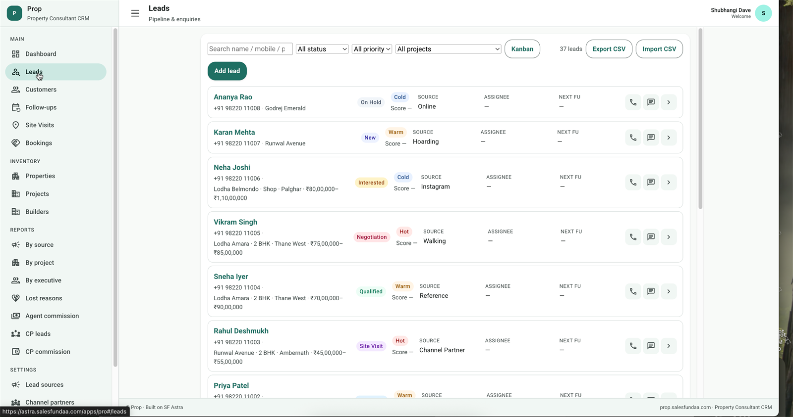 Prop CRM leads list with project interest, status and priority