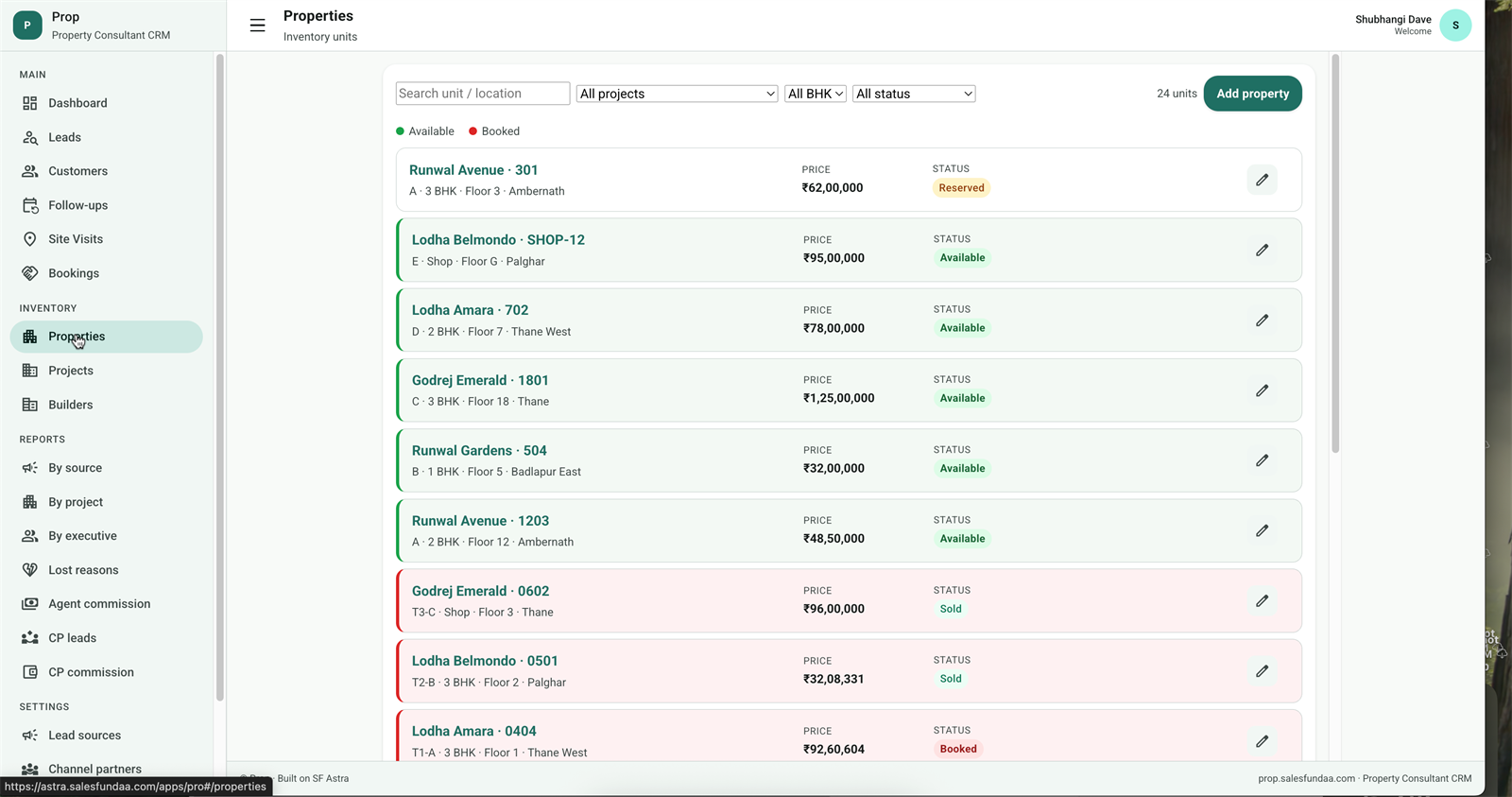 Prop CRM properties inventory with unit status and prices