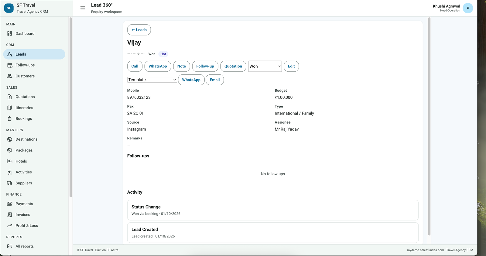 SF Travel CRM Lead 360 screen with status, pax, budget, source and activity timeline